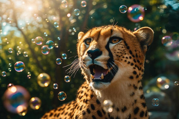 a cheetah is blowing bubbles in the air