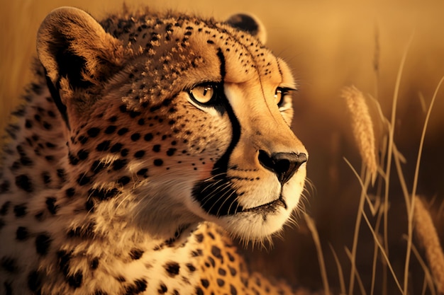 A cheetah is in the grass and looks at the camera.