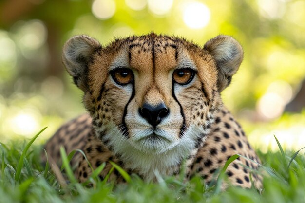 Photo a cheetah is laying in the grass and looking at the camera