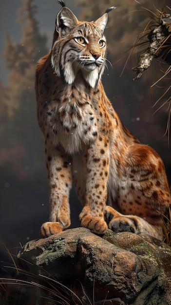 a cheetah is sitting on a rock with a bird in the background