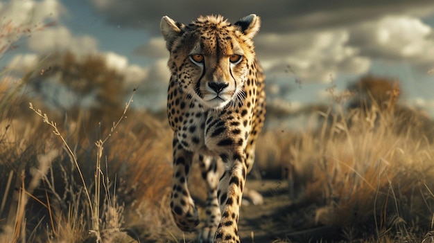 a cheetah is walking in the grass and looking at the camera