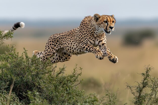 Cheetah Leaping Over Bushes