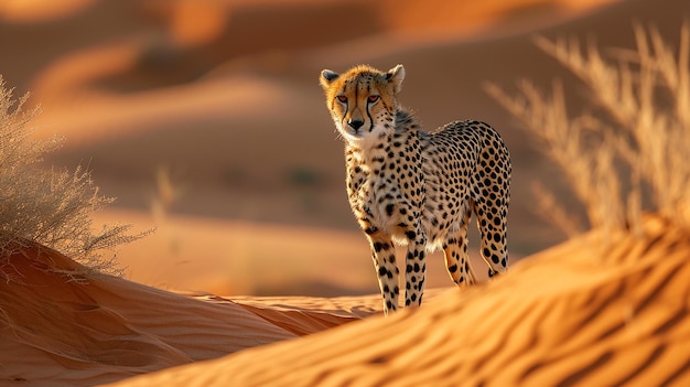 cheetah looking out from a sand dune