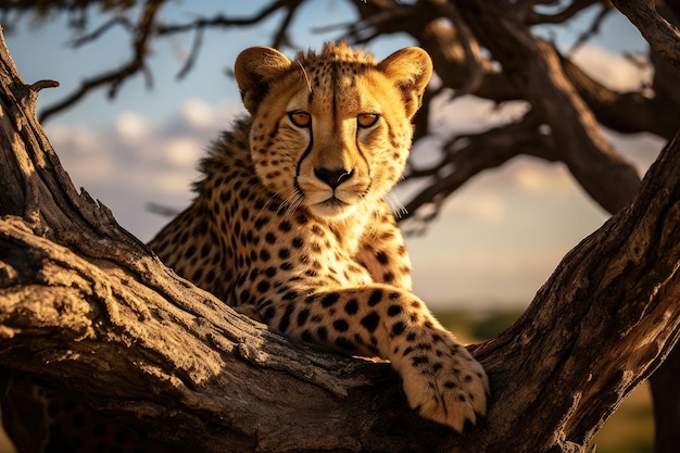 Cheetah lying on tree trunk in Serengeti National Park Tanzania A cheetah is spotted on a tree in Serengeti National Park Tanzania AI Generated