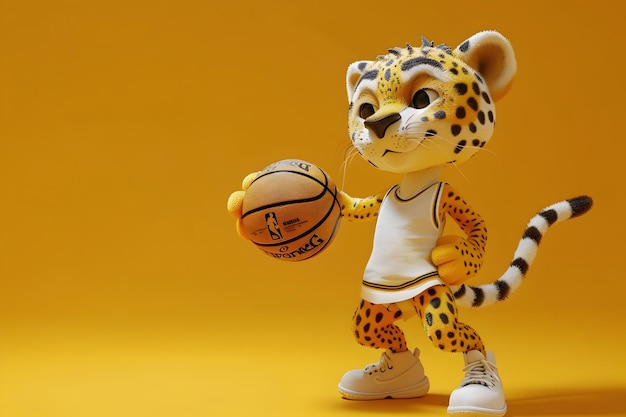 Cheetah Mascot Playfully Posing with Basketball in Vibrant Yellow Studio Setting