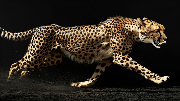 A cheetah running at full speed across a black background