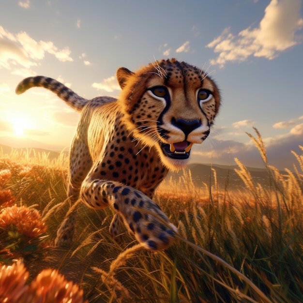 A cheetah running through a field of flowers with the sun setting behind it.