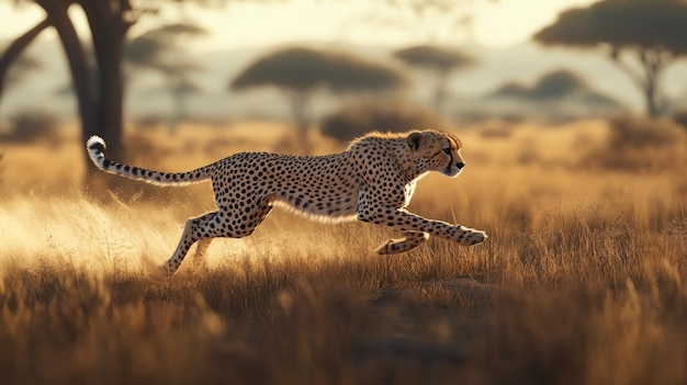 Photo cheetah running through grass at sunset