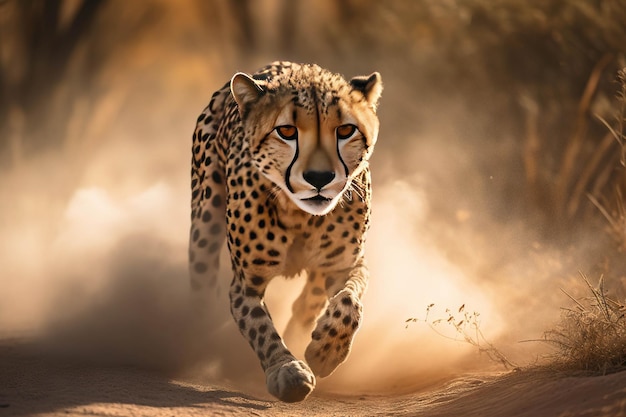 A cheetah running through the sand