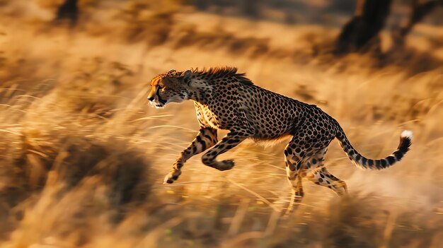 Photo a cheetah runs through tall grass in the golden light of the setting sun