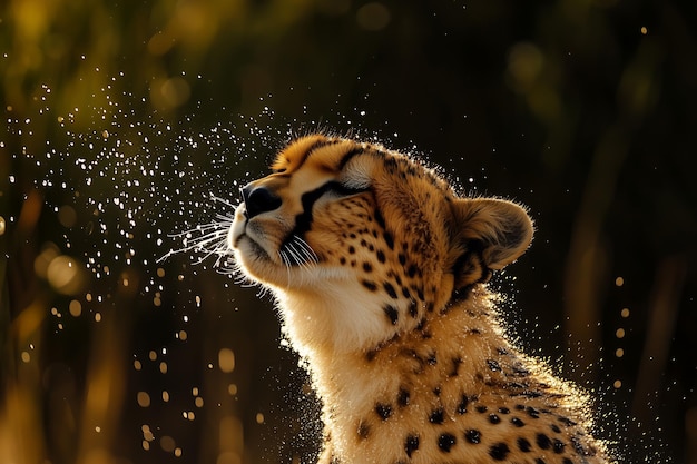 Photo cheetah shaking off water in sunlit glow