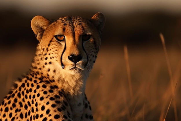 A cheetah sits in a field in kenya.