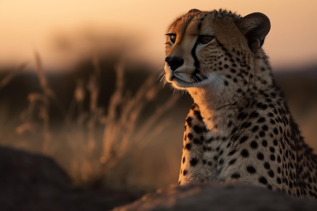 A cheetah sits on a rock in the desert