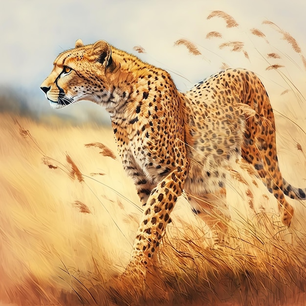 Cheetah stalking fro prey on savanna digital art