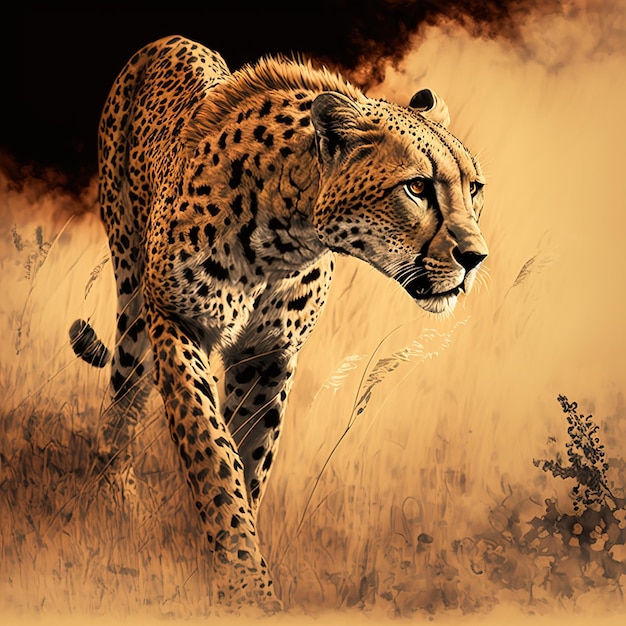 Cheetah stalking fro prey on savanna digital art