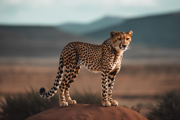 A cheetah standing on the rock