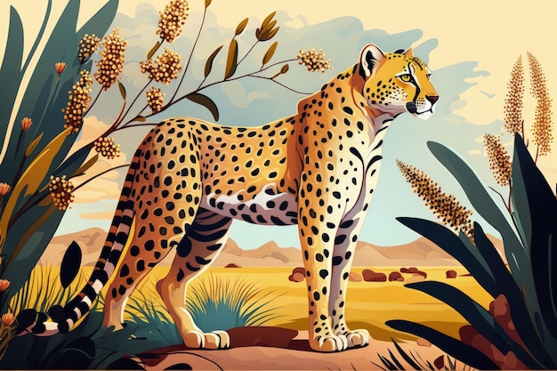 A cheetah stands in a desert with a background of plants and flowers.