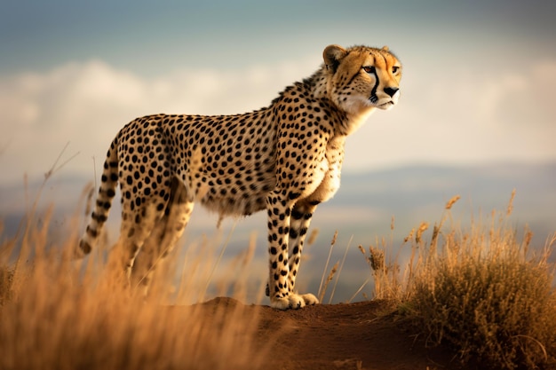 A cheetah stands on a hill in the african savannah.