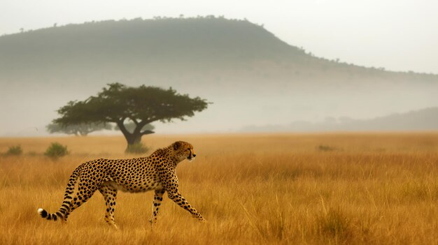 A cheetah walking through a grassy savanna with a tree and mountains in the background on a foggy day