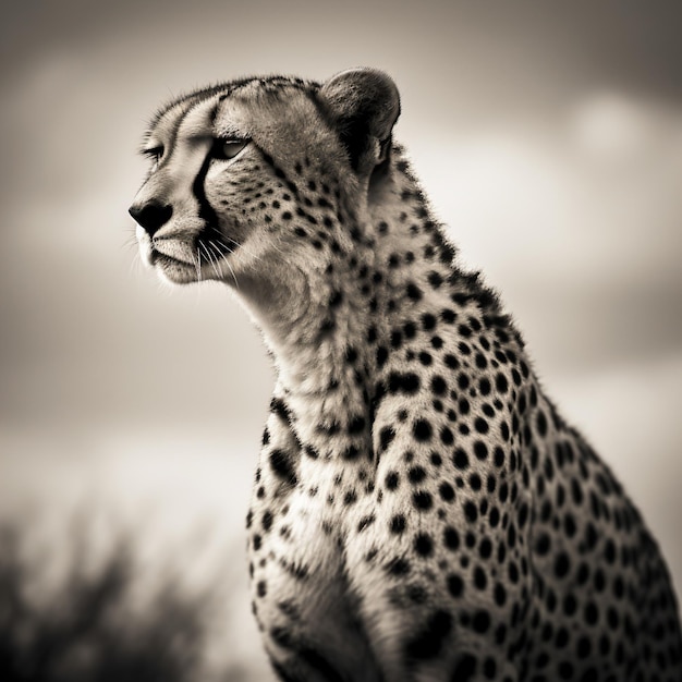 A cheetah with a black and white background is looking to the right.