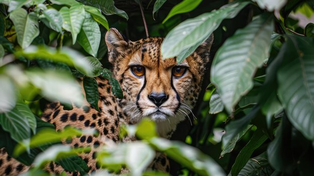 A cheetah with piercing eyes peeks through the lush green foliage