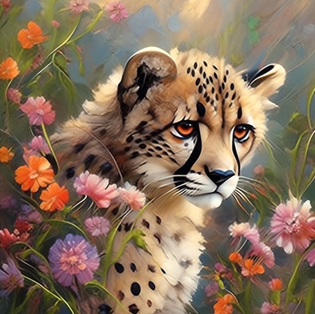 a cheetah with a purple background of flowers and a leopard.