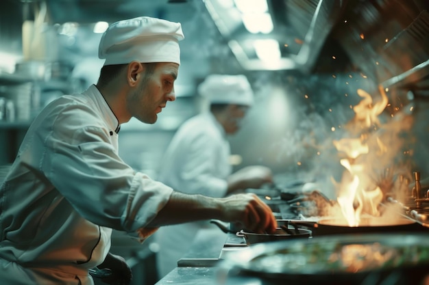 Chef in Action in Busy Kitchen