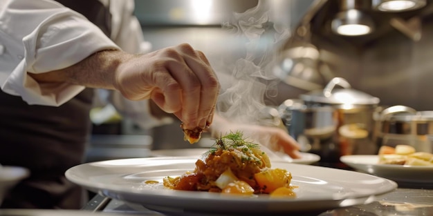 Photo a chef adding finishing touches to a plate of food with a drizzle of sauce suitable for use in culinary or lifestyle context