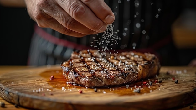 A chef adds salt to a medium rare steak on a white plate