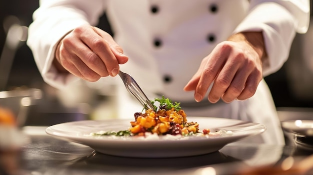 Chef Arranging a Gourmet Dish with a Fork