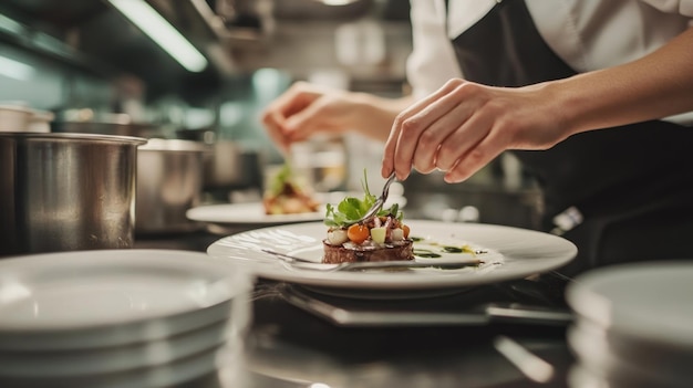 Photo chef arranging a plate of food