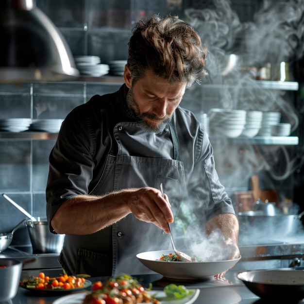 Chef Arranging a Plate of Steaming Food