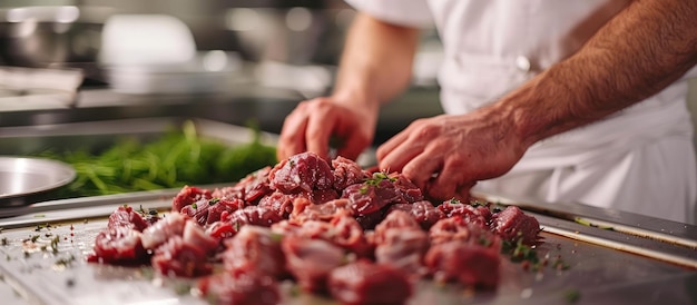 Photo chef arranging raw meat on a tray