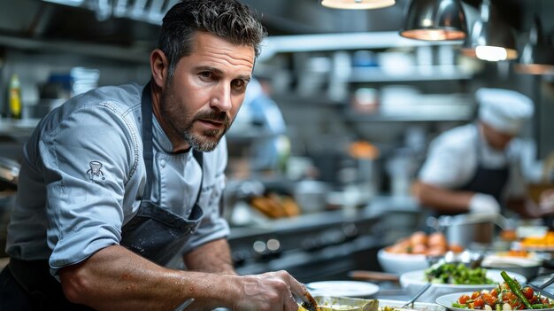 Photo chef in a bustling kitchen focused and preparing a gourmet dish with intense concentration