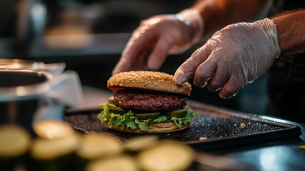 Photo a chef carefully assembles a freshly made burger adding lettuce and pickles in a bustling kitchen