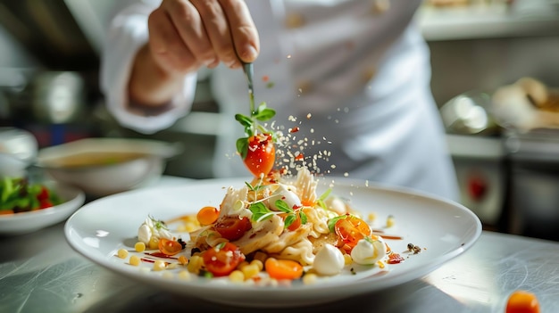 A chef carefully places a cherry tomato on a plate of gourmet food