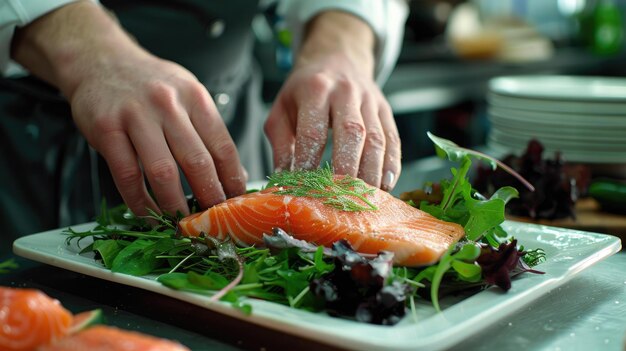 Photo a chef carefully placing a salmon fillet on a bed of fresh greens for a healthy salad