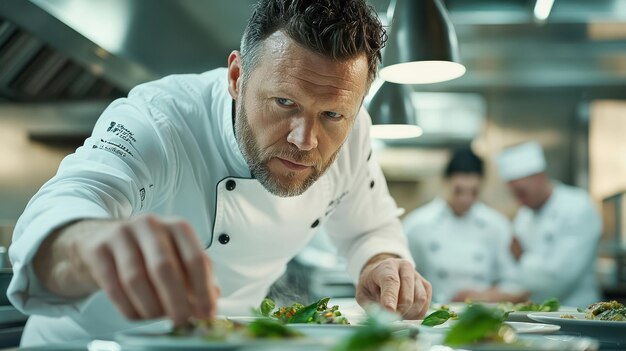 Photo a chef carefully plating a meal in a professional kitchen surrounded by other chefs with a focused expression on his face