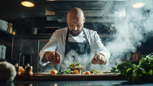 Photo a chef carefully prepares a meal in a commercial kitchen