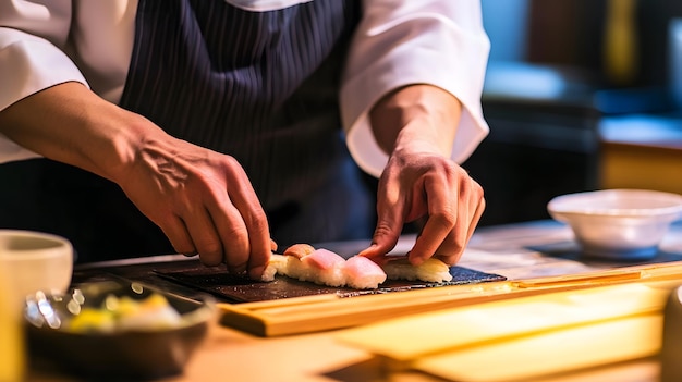 Photo a chef carefully prepares a row of sushi