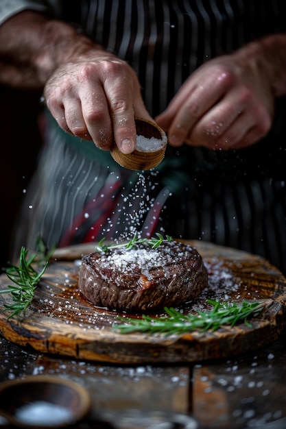 A chef carefully sprinkles seasoning onto a sizzling medium rare steak on a hot grill