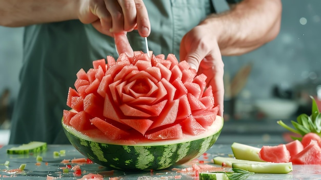 A chef carves a watermelon into a rose shape