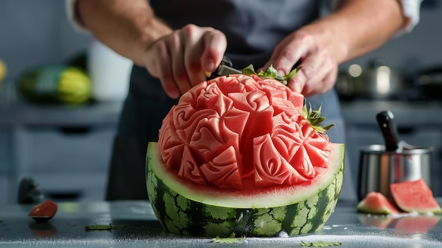 Chef carving intricate patterns into a watermelon