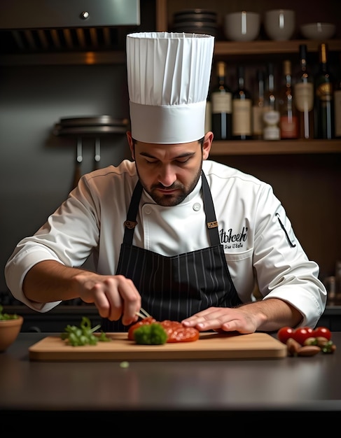 a chef in a chef  s hat chopping tomatoes on a cutting board