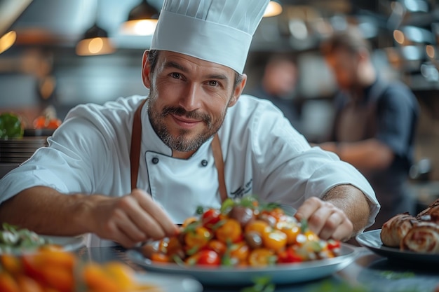 Chef in chefs hat preparing plate of food