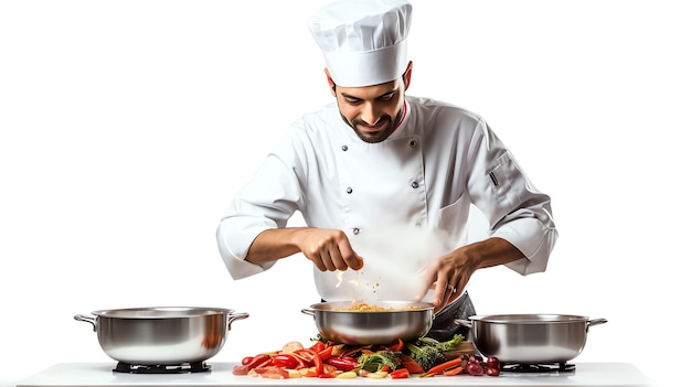 a chef in a chefs uniform is cooking food