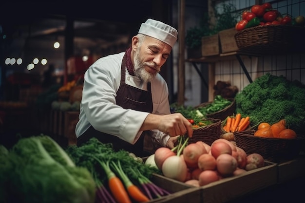 Chef choosing fresh vegetables at food market Generative AI