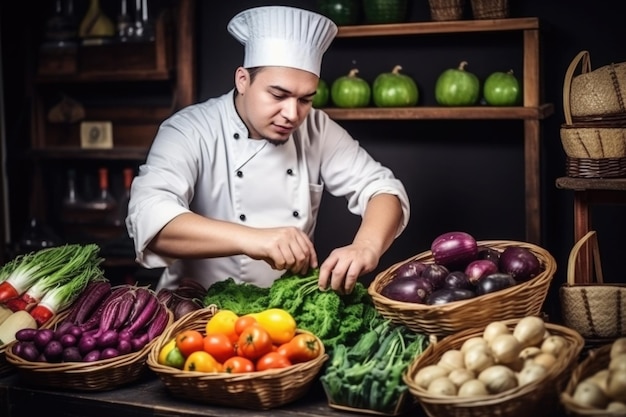 Chef choosing fresh vegetables at food market Generative AI