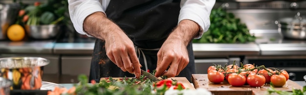 Photo chef chopping fresh herbs in a kitchen