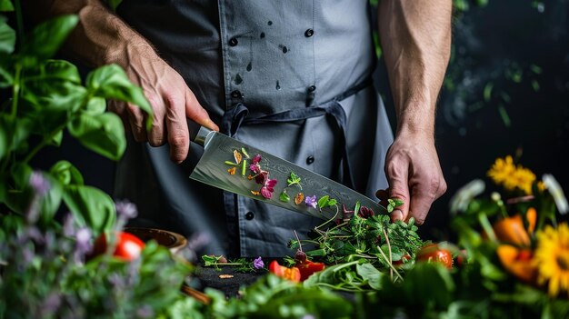 Photo chef chopping fresh herbs and vegetables for a delicious dish a chef in a grey apron uses a s